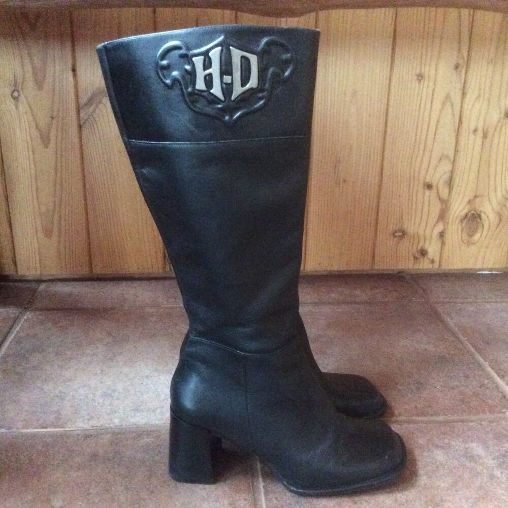 Harley-Davidson Black Leather Vintage Biker Block Heel Y2K Tall Boots Size 7.5